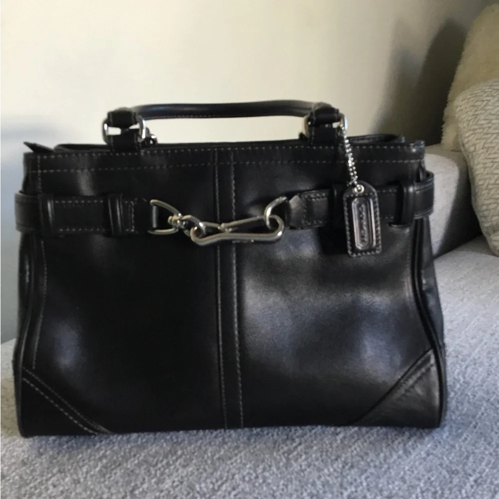 Coach Black Leather Top-Handle Satchel with Silver Hardware